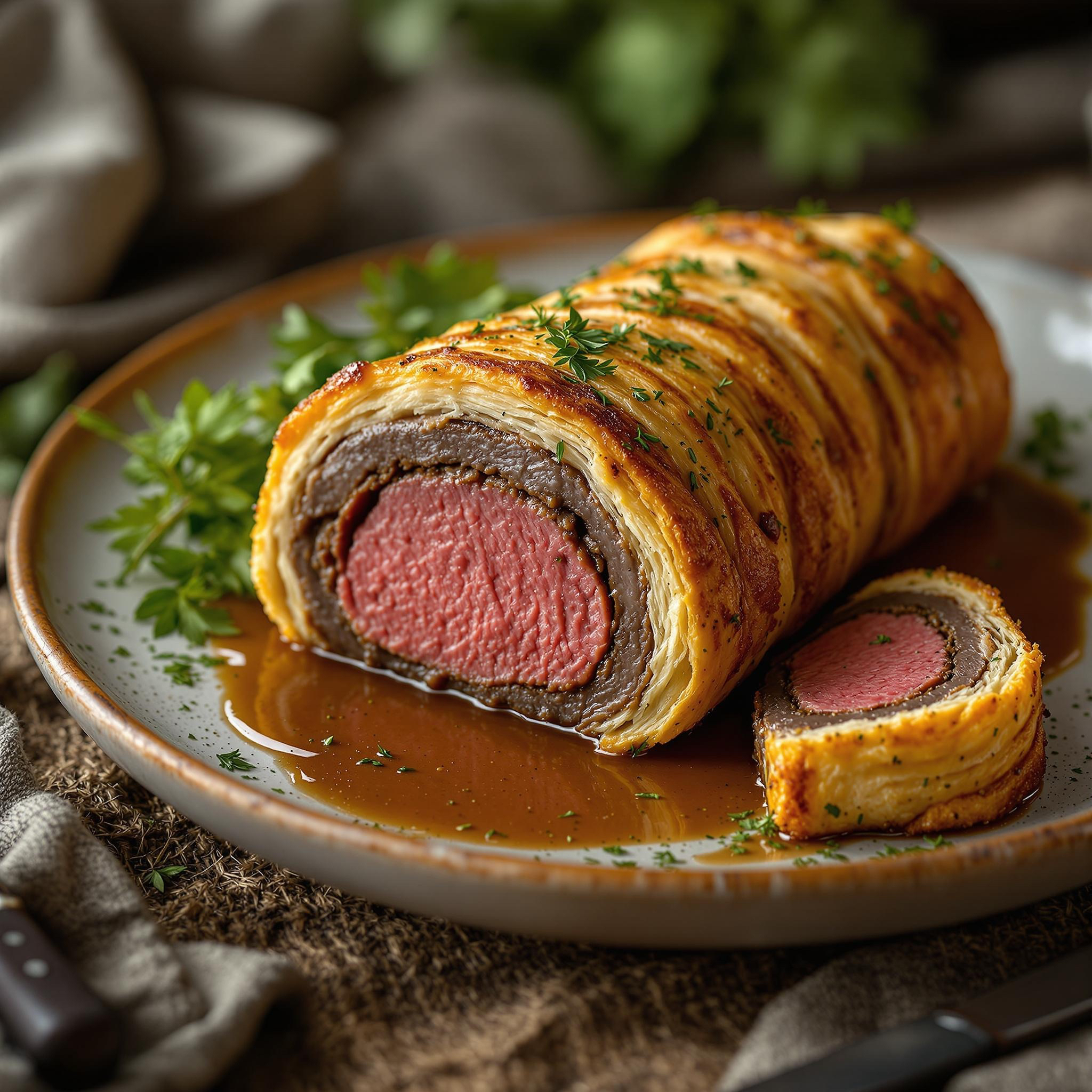 Herb-Crusted Beef Wellington with Mushroom Duxelles and Madeira Sauce