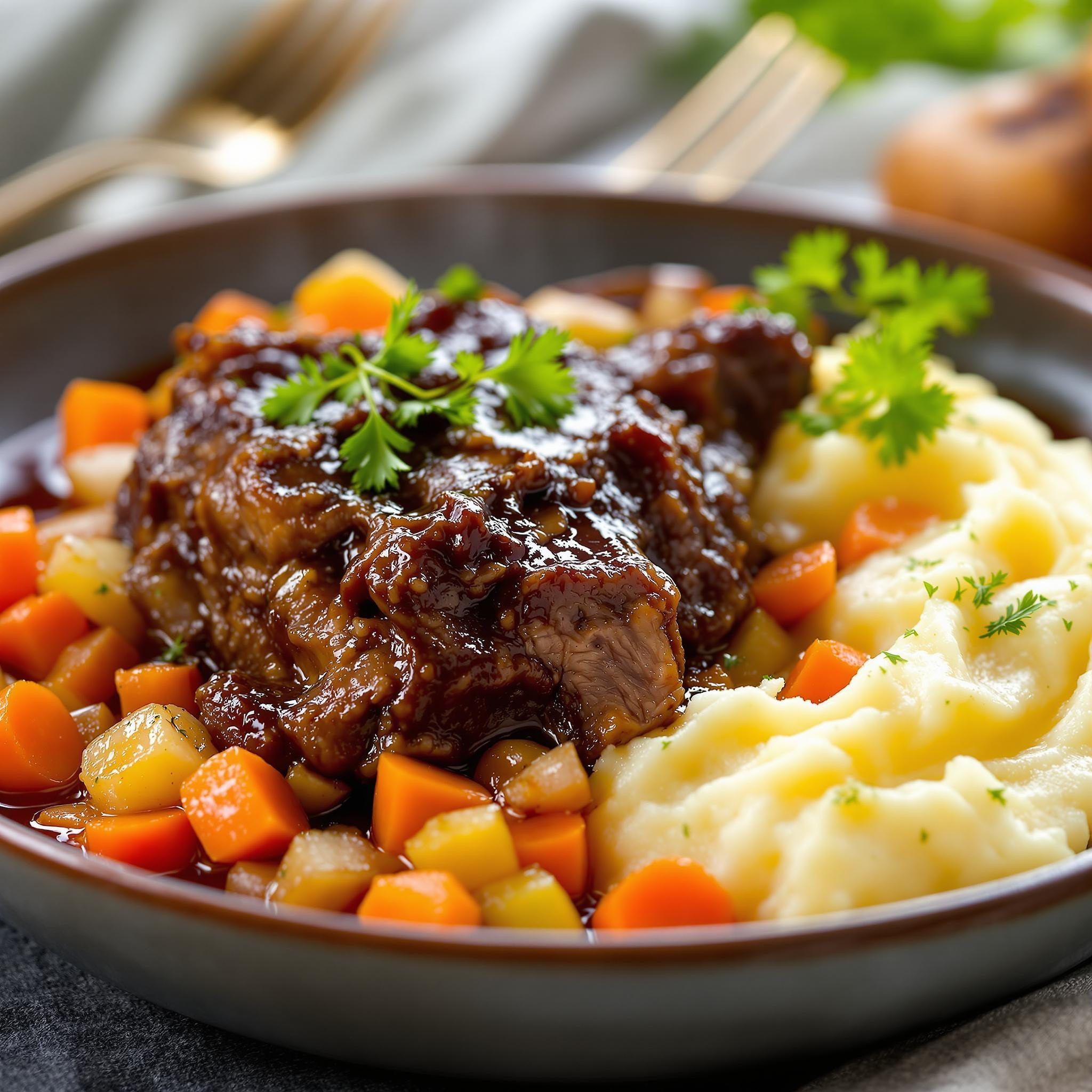 Braised Short Ribs with Red Wine Reduction and Garlic Mashed Potatoes
