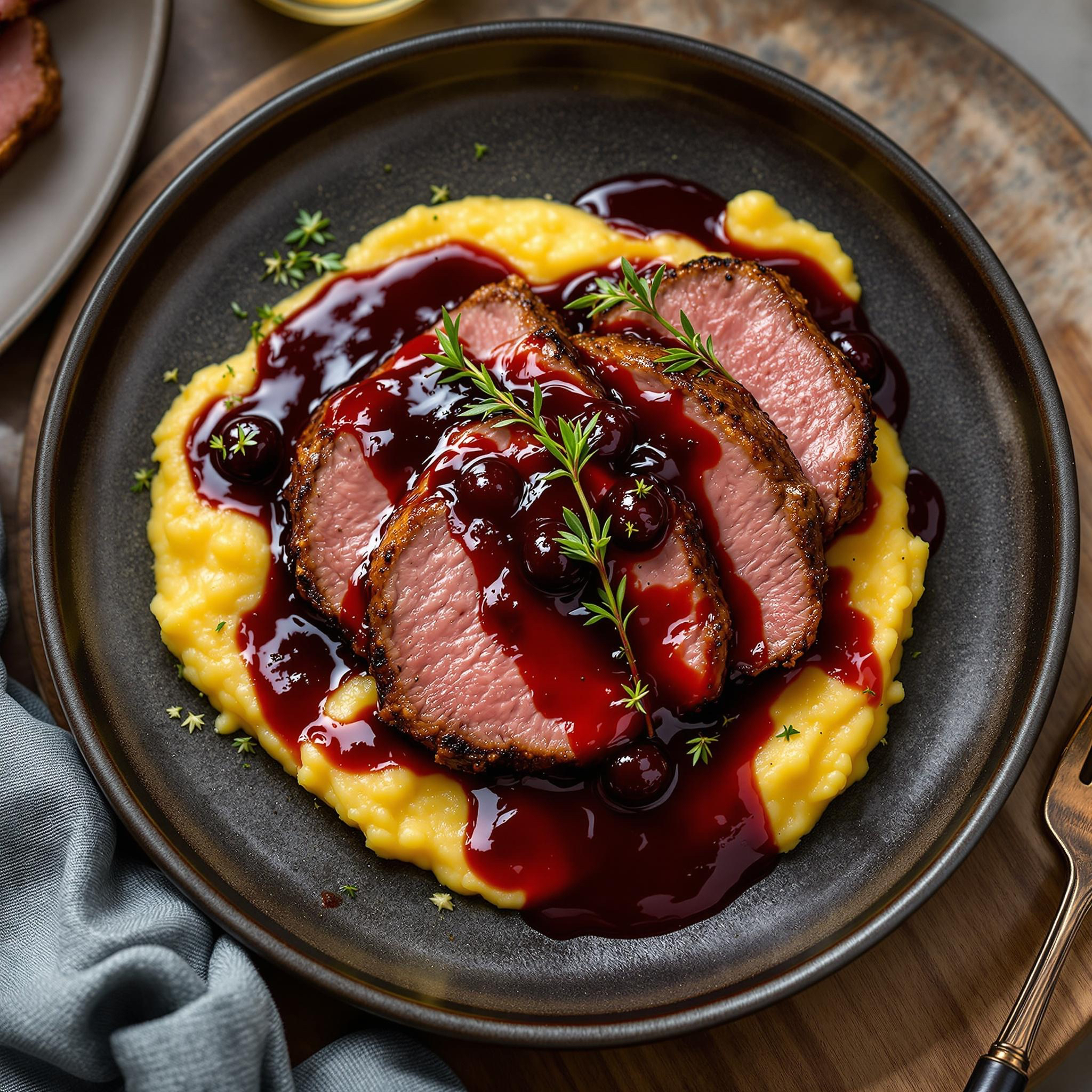 Pan-Seared Duck Breast with Cherry-Red Wine Reduction and Creamy Polenta