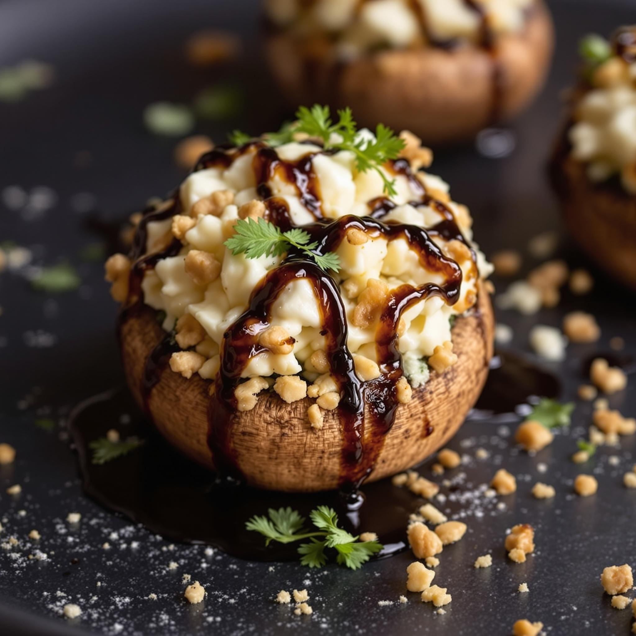 Gorgonzola and Walnut Stuffed Mushrooms with Balsamic Drizzle