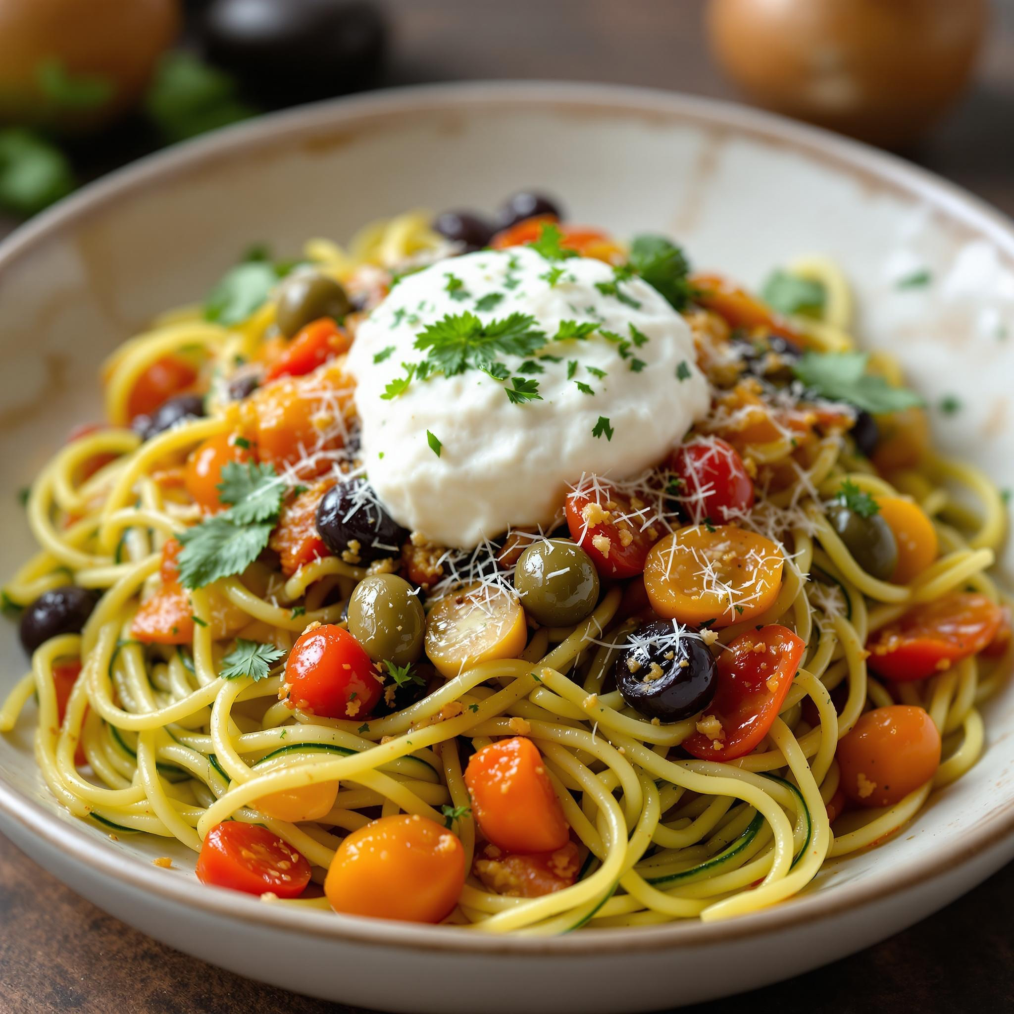 Zucchini Noodle and Olive Caponata with Ricotta