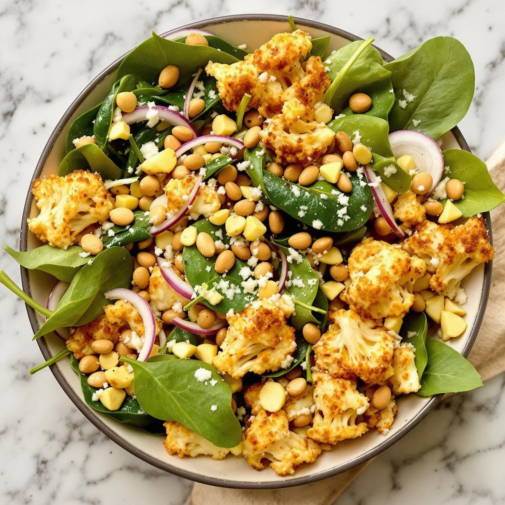 Spiced Cauliflower and Spinach Salad with Coconut Dressing