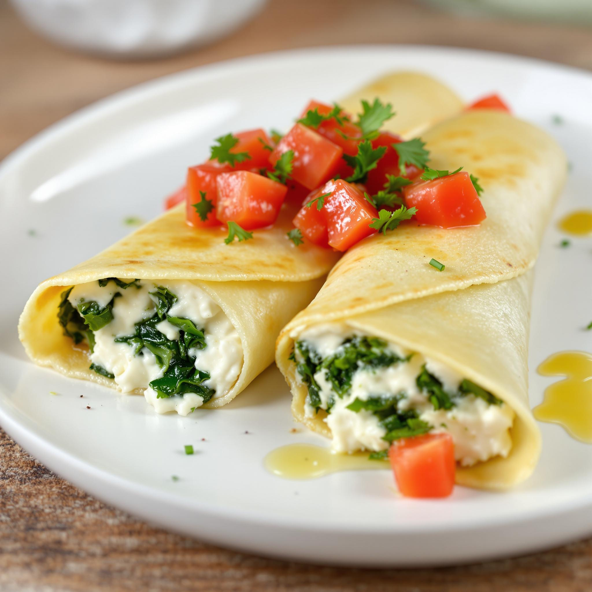 Greek Yogurt Crêpes with Spinach, Goat Cheese & Herb Tomato Relish